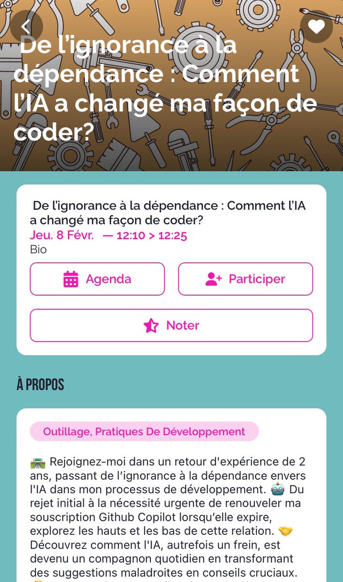 Ravi de revenir 6 ans plus tard à <a href="/tourainetech/">Touraine Tech</a> et cette fois-ci, je parlerai de l’IA 🤖 et l’impact sur ma façon de coder 🧑‍💻 #tnt24
Rdv à 12h10 en Bio