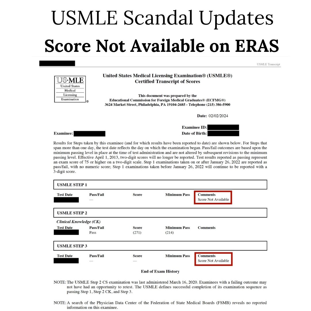 ERAS has updated the transcripts for those suspected to be involved in USMLE cheating scandal Their scores have been changed to: “Score Not Available.” #Usmle