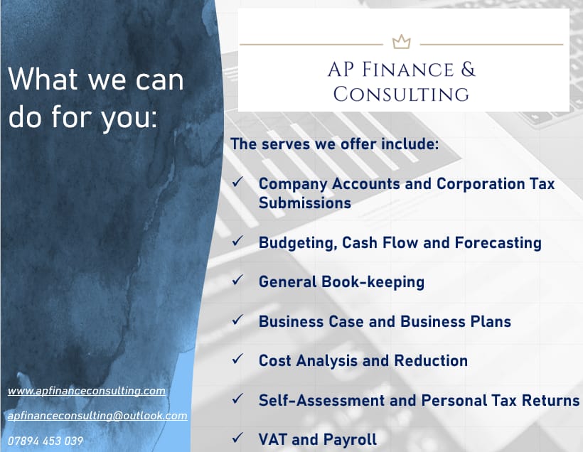 A huge thank you to our matchday sponsor for this weekend - AP Finance &amp; Consulting.
Schedule a free consultation today and discuss how they can help your business thrive.
Call 07894 453 039
email at apfinanceconsulting@outlook.com
or visit the website at apfinanceconsulting.com