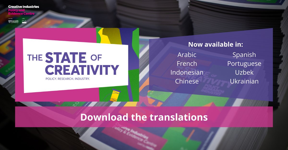 🌍🗣️The State of Creativity is now available in 8 new languages thanks to a partnership with <a href="/BritishCouncil/">British Council</a> <a href="/BritishArts/">British Council Arts</a>🌏✍️

Read it in Arabic, French, Indonesian, Chinese, Spanish, Portuguese, Uzbek and Ukrainian.

Download them👇 and share.

pec.ac.uk/research-repor…

1/3