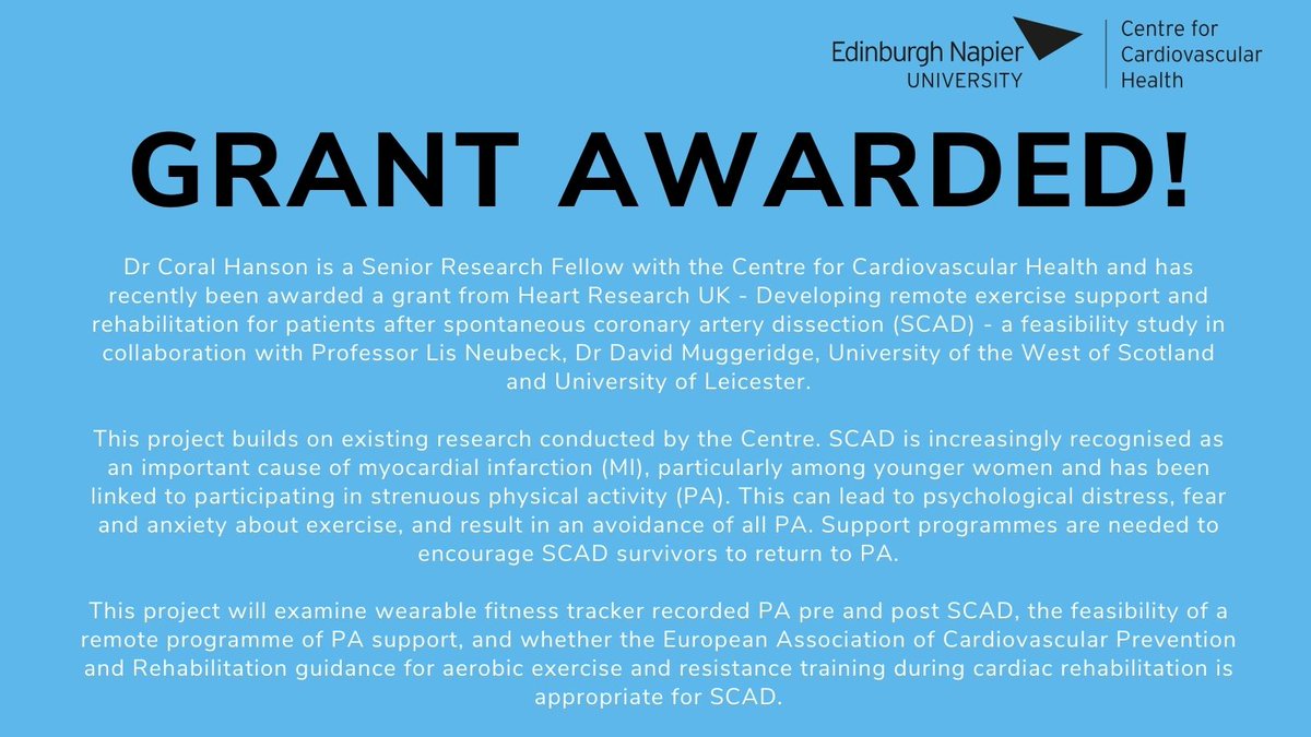 ❗ Grant award alert! @HansonCoral is a Senior Research Fellow with @CVHealthENU and has recently been awarded a grant from @heartresearchuk - Developing remote exercise support and rehabilitation for patients after spontaneous coronary artery dissection (SCAD) 👇