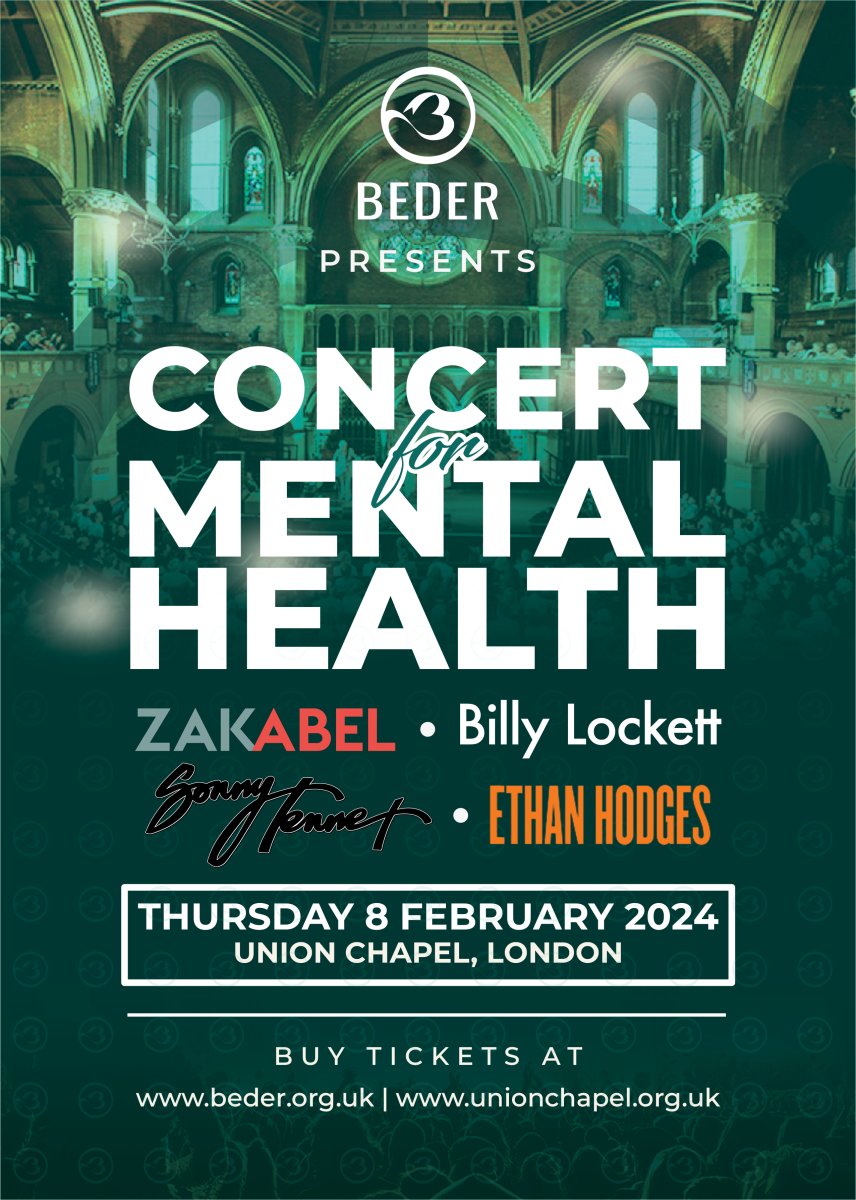 .@ZakAbel, @billylockett, @sonnysocials and Ethan Hodges perform in the Concert for Mental Health, in support of @beder_uk, at @UnionChapelUK tonight