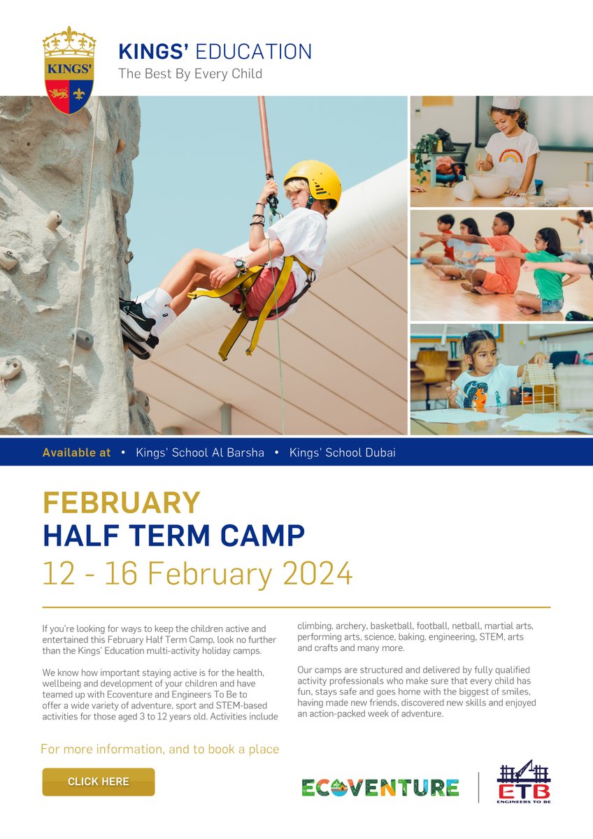 This is your final opportunity to register for our upcoming February Half Term Camp, in partnership with Ecoventure UAE!

Register now via the link below👇

ecoventureme.com/holidayprograms

#TheBestByEveryChild #SpiritofKings' #HolidayCamp