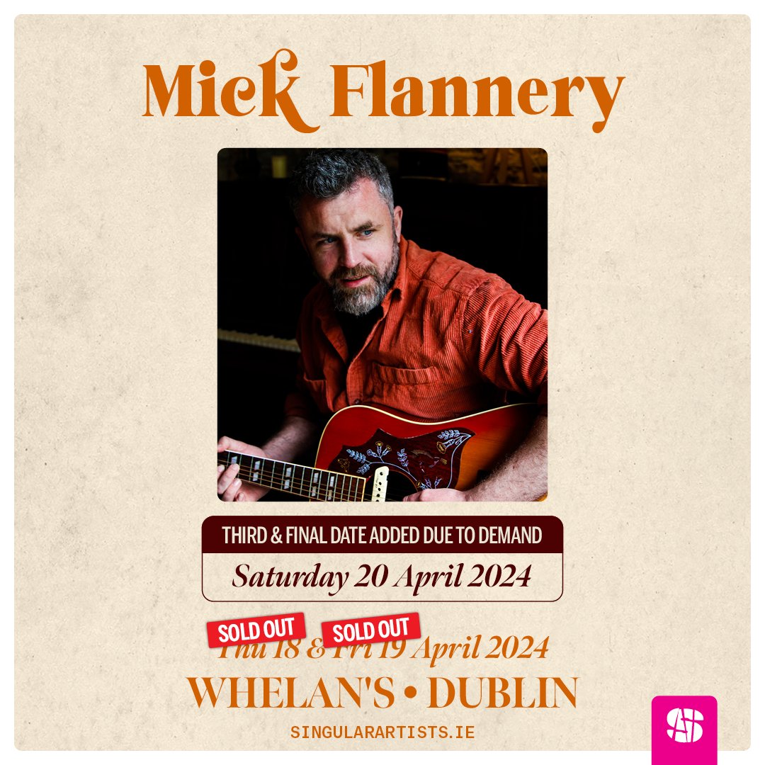 A third and final date has been announced for @MickFlannery at Whelan's on April 20th. His first two shows are already sold out, so don't miss this last opportunity to catch Mick in Ireland's best music venue. Tickets on sale now: whelanslive.com/event/mick-fla… @singularartists
