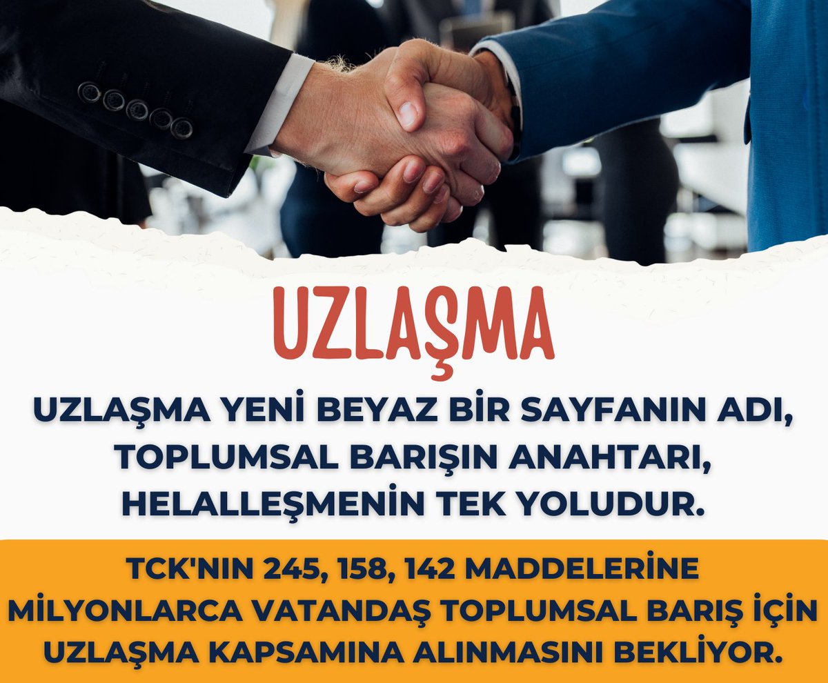 UZLASTIRMANİN GENİSLEYECEGİNİ DUYDUĞUMUZDAN BERİ ZAMAN SAYİYORUZ .
BU ZOR SURECTE UMİTLERİMİZ KİRİLMASİN .
TCK 158 &amp; 142 &amp; 245 
UZLAŞTIRMA KAPSAMINA ALINSIN
<a href="/yilmaztunc/">Yılmaz TUNÇ</a> 
<a href="/YildizFeti/">Feti Yıldız</a> 
<a href="/_cevdetyilmaz/">Cevdet Yılmaz</a> 
<a href="/ramazancan0071/">Ramazan CAN🇹🇷</a> 
<a href="/adalet_bakanlik/">T.C. Adalet Bakanlığı</a> 
<a href="/akbasogluemin/">Av. M.Emin AKBAŞOĞLU 🇹🇷</a> 
<a href="/av_nurettinalan/">Nurettin Alan</a>