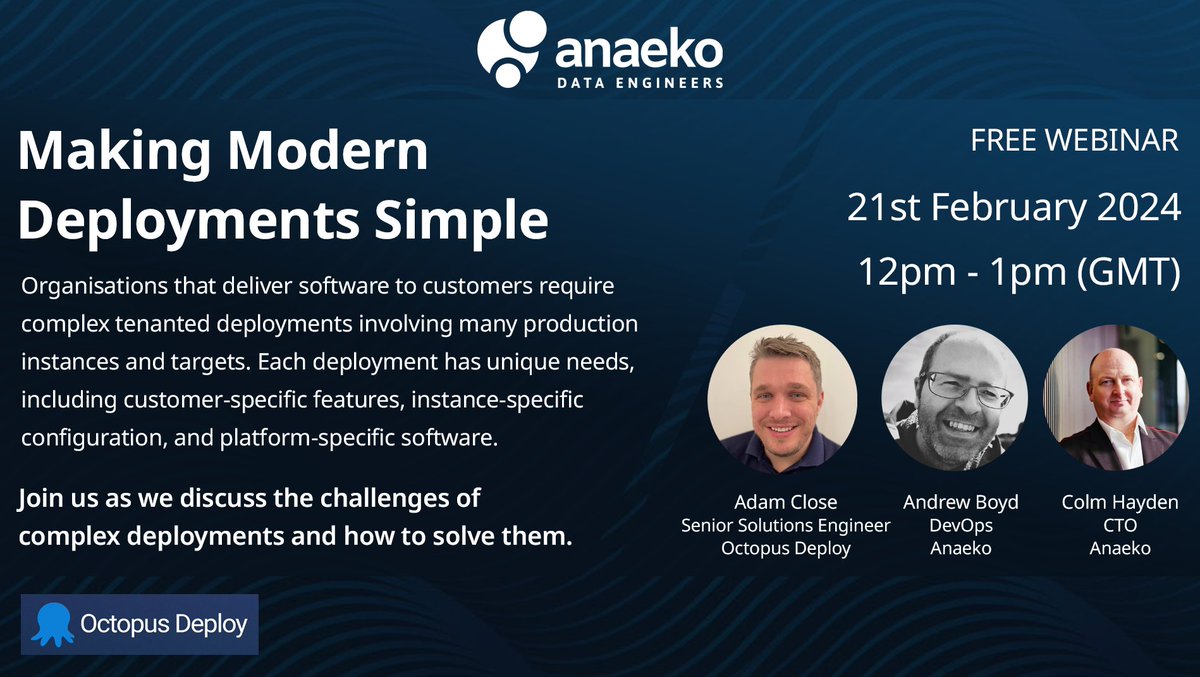 Anaeko (@anaekoltd) on Twitter photo 📅 21st February 2024
🕛 12pm-1pm (GMT)
📍 Online
Join us as we discuss the challenges of complex deployments and how to solve them. Register: hubs.la/Q02klpt40
#deployment #automation #technology #DevOps #cicdpipelines #AnaekoDataEngineers #aws #azure <a href="/OctopusDeploy/">Octopus Deploy</a> 📅 21st February 2024
🕛 12pm-1pm (GMT)
📍 Online
Join us as we discuss the challenges of complex deployments and how to solve them. Register: hubs.la/Q02klpt40
#deployment #automation #technology #DevOps #cicdpipelines #AnaekoDataEngineers #aws #azure <a href="/OctopusDeploy/">Octopus Deploy</a>