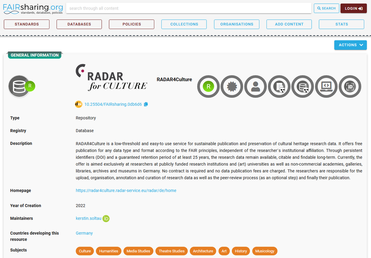 #RADAR4Culture, unser Publikationsservice für #Forschungsdaten aus den #Kulturwissenschaften ist nun bei <a href="/FAIRsharing_org/">@fairsharing.bsky.social</a> registriert: fairsharing.org/10.25504/FAIRs…
Über 4000 Standards, Datenbanken, Repositorys und Datenpolicies rund um #FAIRdata werden dort beschrieben. #nfdi4culture