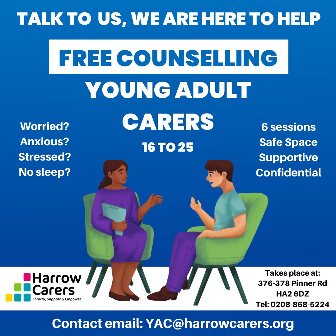 🆓We're offering FREE counselling for young adult carers aged 16-25. ➡️ To schedule, email us at YAC@harrowcarers.org or give us a call at 020 8868 5224. You don't have to navigate these challenges alone. #youngadultcarers #mentalhealthmatters #harrow