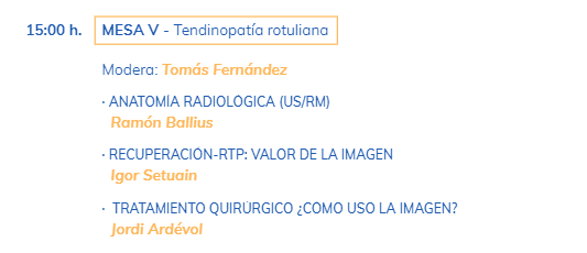 SETRADE (Soc.Esp. de Traumatología del Deporte) (@setradeorg) on Twitter photo 🔶MESA 5: TENDINOPATÍA ROTULIANA
Modera: <a href="/tomasfernandezj/">tomas fernandez jaen</a>
· ANATOMÍA RADIOLÓGICA (US/RM)
<a href="/Dr_Ramon_Balius/">Ramon Balius</a>
· RECUPERACIÓN-RTP: VALOR DE LA IMAGEN
Igor Setuain
· TRATAMIENTO QUIRÚRGICO, ¿CÓMO USO LA IMAGEN?
<a href="/ardevol_jordi/">Jordi Ardevol</a> 🔶MESA 5: TENDINOPATÍA ROTULIANA
Modera: <a href="/tomasfernandezj/">tomas fernandez jaen</a>
· ANATOMÍA RADIOLÓGICA (US/RM)
<a href="/Dr_Ramon_Balius/">Ramon Balius</a>
· RECUPERACIÓN-RTP: VALOR DE LA IMAGEN
Igor Setuain
· TRATAMIENTO QUIRÚRGICO, ¿CÓMO USO LA IMAGEN?
<a href="/ardevol_jordi/">Jordi Ardevol</a>