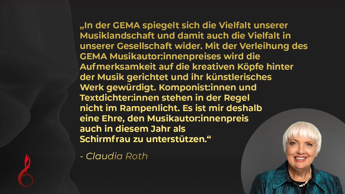 In wenigen Stunden beginnt der 15. Deutsche Musikautor*innenpreis. Staatministerin Claudia Roth, Beauftragte der Bundesregierung für Kultur und Medien, ist Schirmfrau des Deutschen Musikautor*innenpreises.