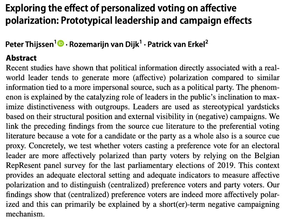 Excited to share our latest publication! 📚 AlOur research shows that Belgian voters opting for (centralized) preference votes are more affectively polarized than list voters. Check out the full study ➡️ link.springer.com/article/10.105…