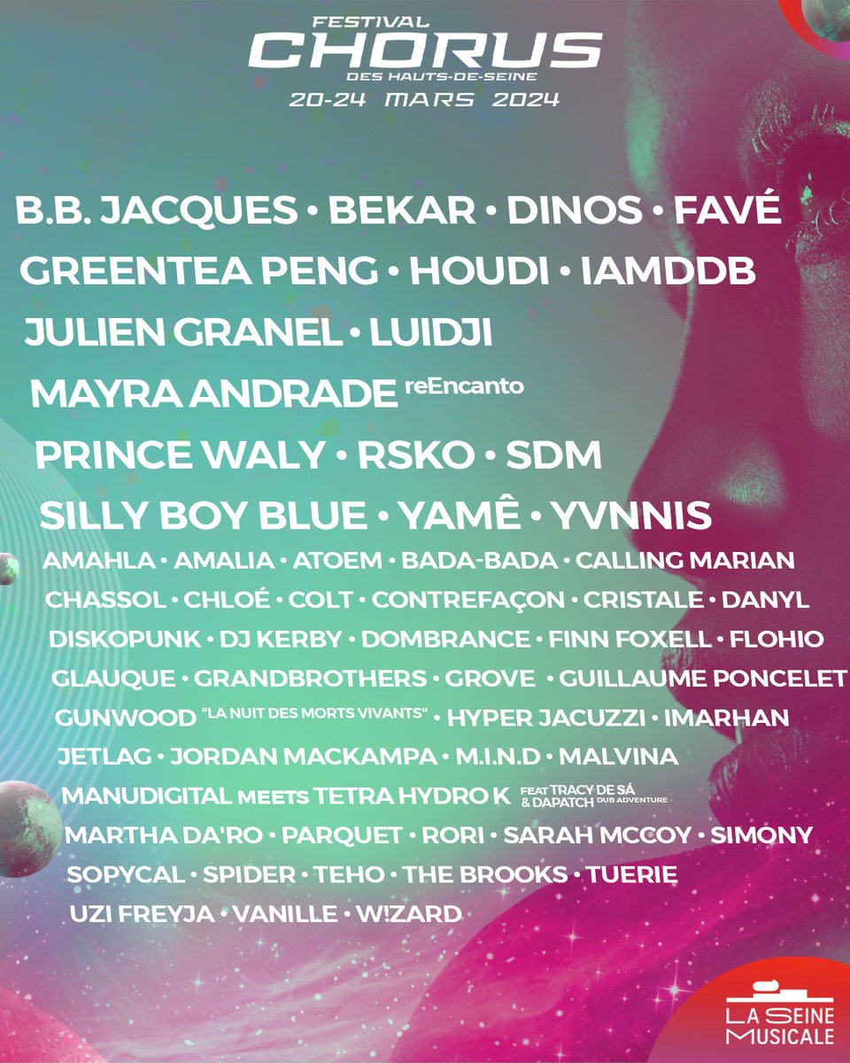 festivalchorus's tweet photo. 🚀 LA PROGRAMMATION 🚀
Équipage au complet pour un voyage intergalactique ! Prends ta plus belle tenue et ta place avant qu’il n’y en ait plus !
RDV du 20 au 24 Mars sur le vaisseau mère : @LaSeineMusicale ! Ça va fuser !!
🎟️ https://t.co/sPWzmTepRe
#Chorus #ObjectifLune https://t.co/re8QzlKC7P
