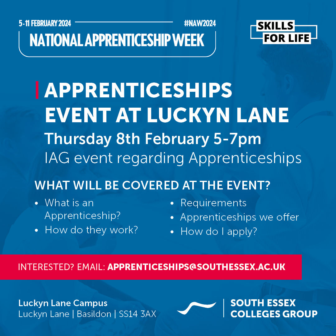 Don't forget, we are holding an Apprenticeship event tonight at Luckyn Lane! All of our fantastic and knowledgeable tutors will be on hand to answer any questions you have and help you start your apprenticeship journey today. southessex.ac.uk/workforce/appr…