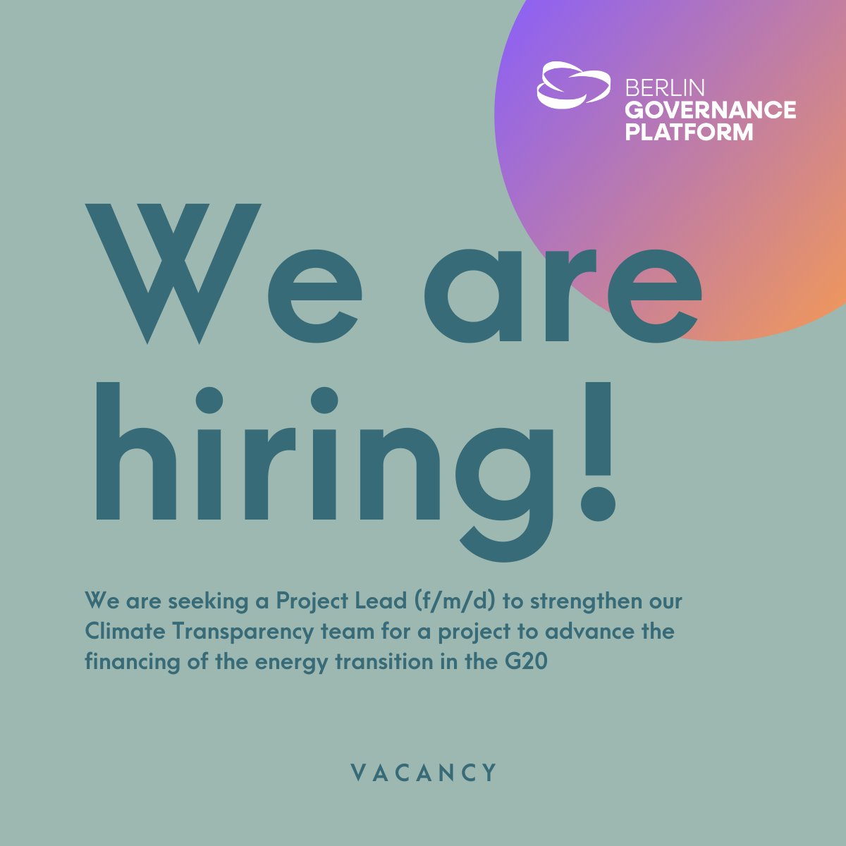 📢JOB OFFER: PROJECT LEAD AT CLIMATE TRANSPARENCY (BERLIN) 
We are seeking a project lead (f/m/d) for a project to advance the financing of the energy transition in the G20. Deadline for application is 29 Feb. : governance-platform.org/en/vacancy-pro…… #job #career #jobBerlin #climatejobs