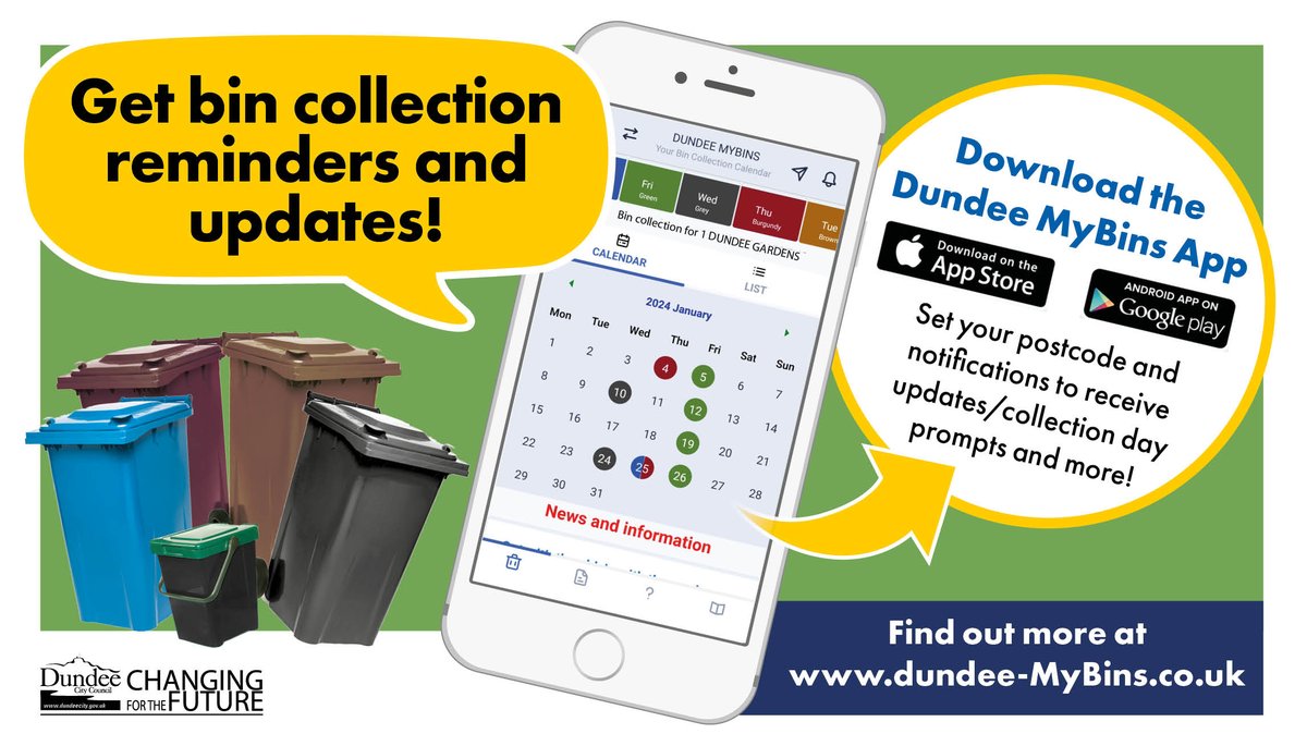 DundeeCouncil's tweet photo. Get bin collection reminders and updates with the new Dundee MyBins App! 🚮
It’s available for free for both Android and iOS users.📱
Find out more, here: https://t.co/Jurf62LeWT
#RecycleForDundee https://t.co/Yud5hykSRD