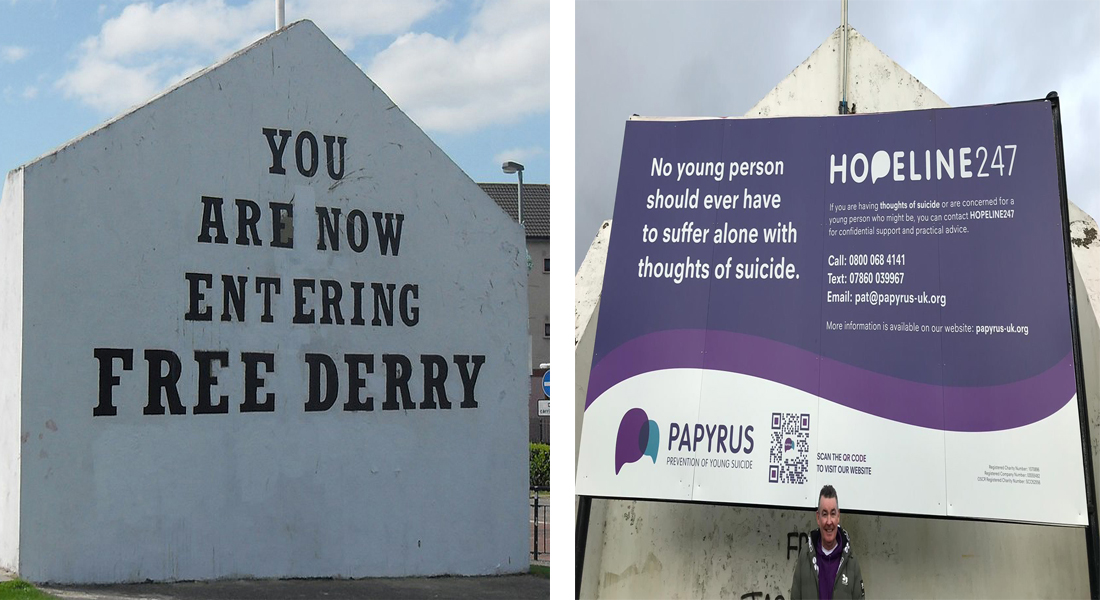 VIEWdigital's tweet photo. Suicide prevention charity @PAPYRUS_Charity displays message of hope at Free Derry Corner β https://t.co/VMQxVB7nSl β @mandy_mcauley @MHC_NI @ProfJohnBarry @barbara_utv @hagan_utv https://t.co/6Wbi9UP2SW