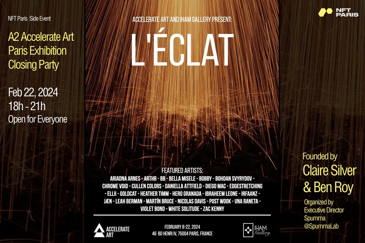 ihamgallery's tweet photo. GM 🖤
@accelerateart Show 'L'éclat' is live from today.
Web- Sat 14h - 20h

Join us for our closing party!
22 Feb 18h - 21h, open for everyone 🖤
@bygrida will welcome you!

Huge thanks to @clairesilver,  @benroy__ @spumma, @jlindsayfilm, @outofthesystem1 &amp; the artists👇 https://t.co/OfRcYAY7po