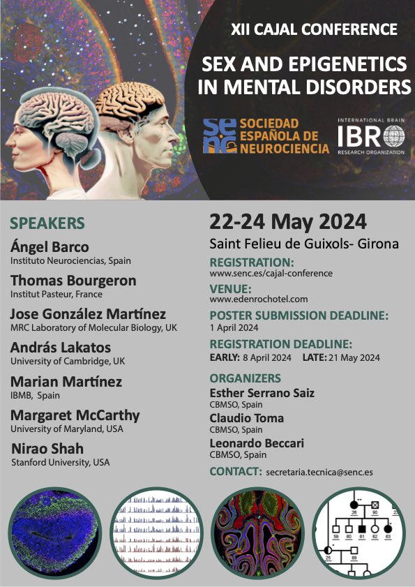 Looking forward to the upcoming #XIICajalConference on “Sex, Epigenetics and Mental Disorders”. Excited to share this experience with such remarkable speakers. See you in May!