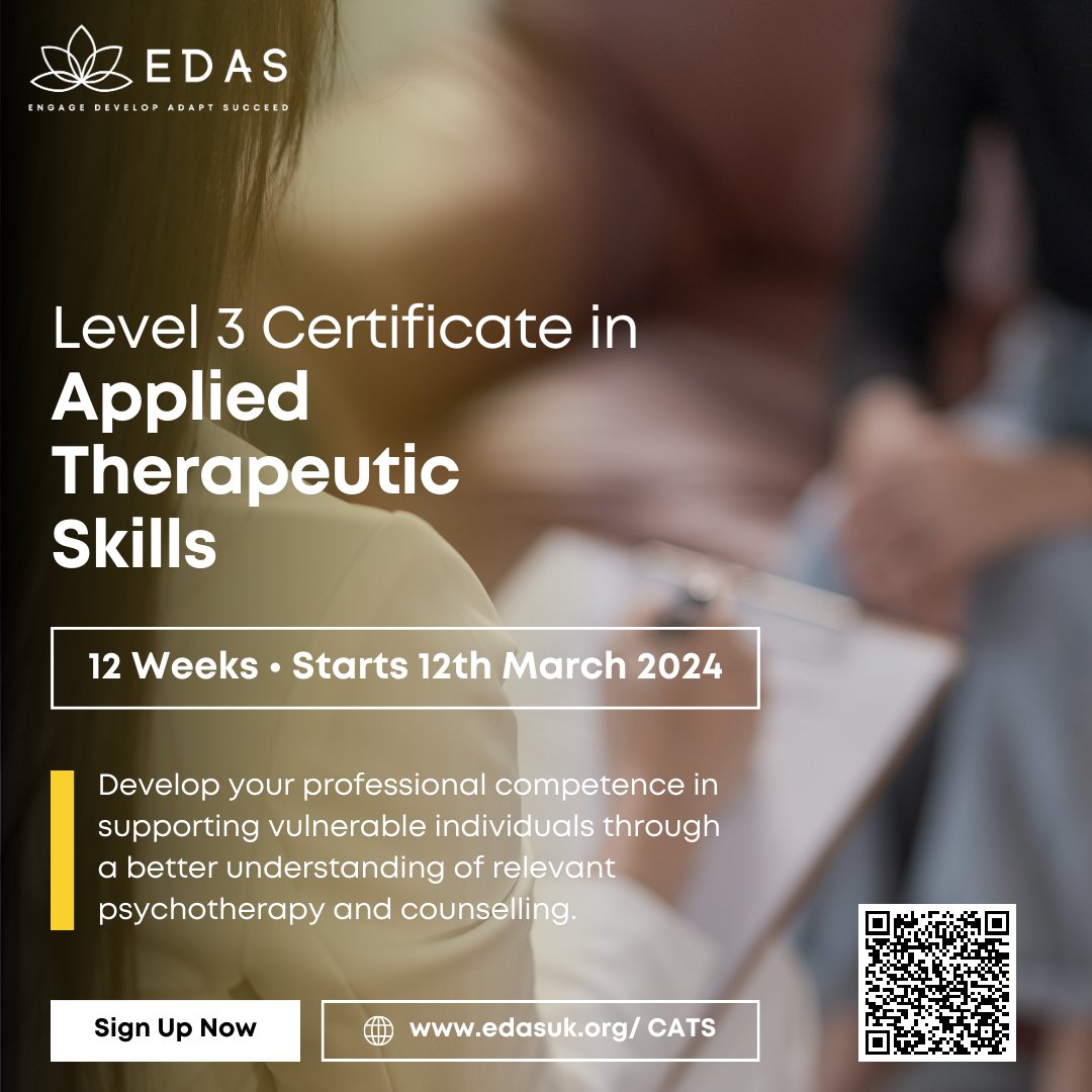 edasukorg's tweet photo. 📢 Our Level 3 Certificate in Applied Therapeutic Skills course starts 12th March 2024. 

Develop your professional competence in supporting vulnerable individuals through a better understanding of relevant psychotherapy and counselling. 

Sign up now: https://t.co/CNTJczX7y8 https://t.co/RKc9kuQDcZ