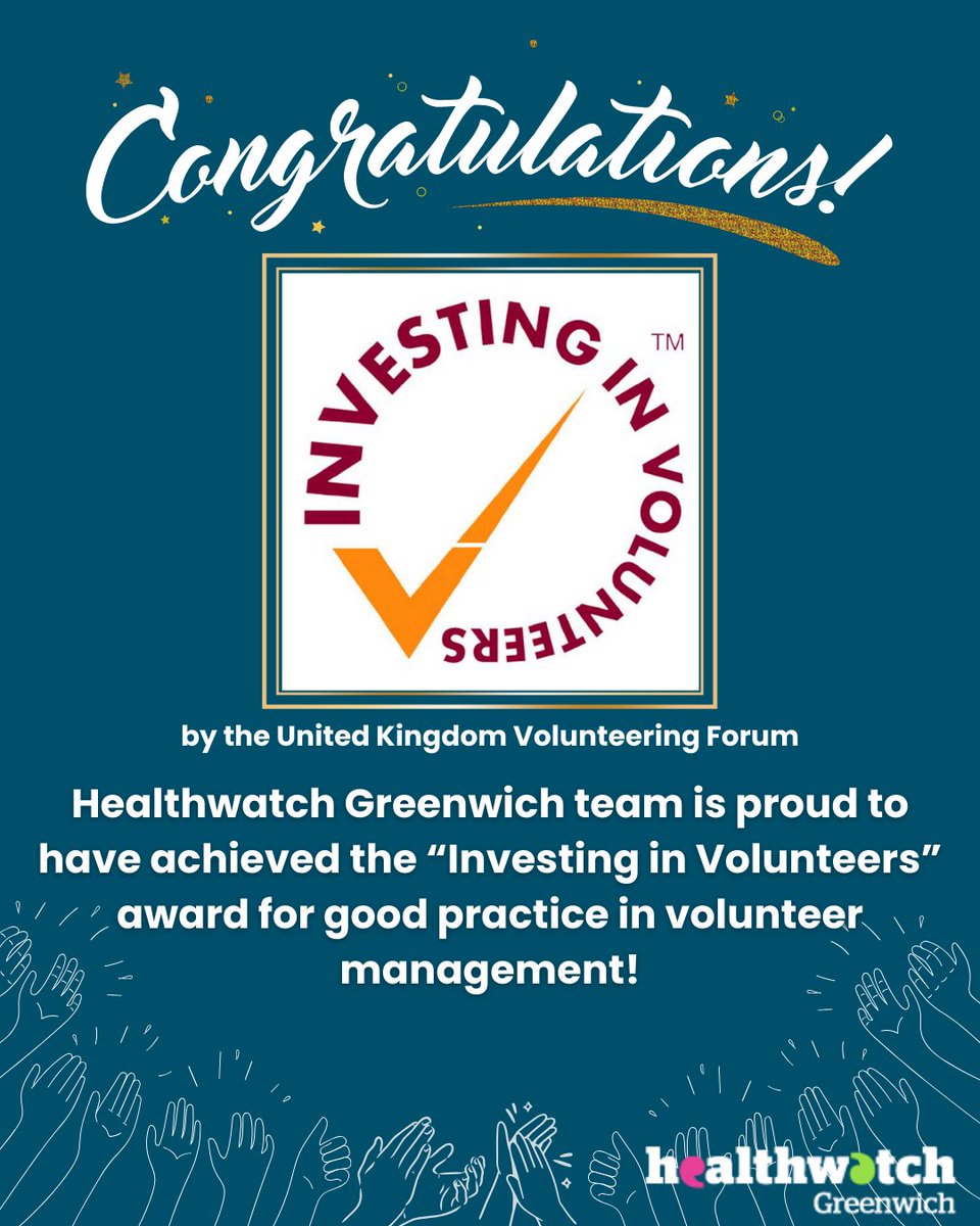 🎉Thrilled to share that Healthwatch Greenwich has been awarded the prestigious 'Investing in Volunteers' recognition! A massive shoutout to our dedicated volunteers for their invaluable contributions to our projects and outreach. Your efforts truly make a difference! 👏 #IiVUK