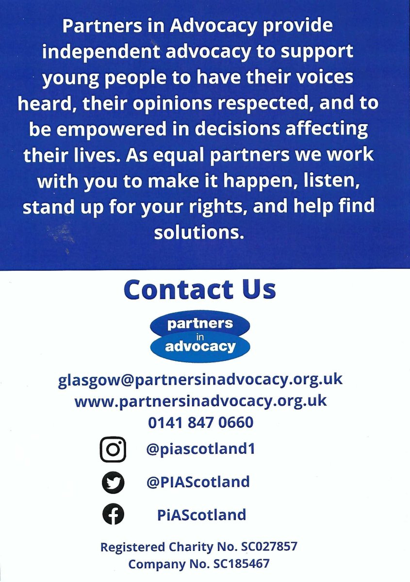 We would like to share some information about @PIAScotland's project Glasgow Youth Independent Advocacy (GYIA).

Follow the link to find out how to make a referral.
partnersinadvocacy.org.uk/.../glasgow-yo…

Contact info:
t. 0141 847 0660
e. glasgow@partnersinadvocacy.org.uk