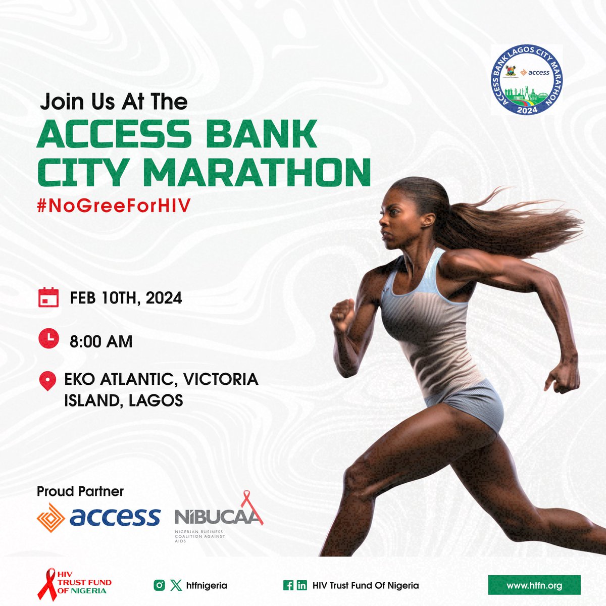htfnigeria's tweet photo. HTFN, in collaboration with @officialNiBUCAA &amp; @myaccessbank , will provide free HIV testing and counseling services to participants at the Access Bank City marathon. Check flier for more details. #NoGreeForHIV at all. #htfn  #LagosCityMarathon2024 #ABLCM2024 #RunForMore https://t.co/NmeWXh8TIW
