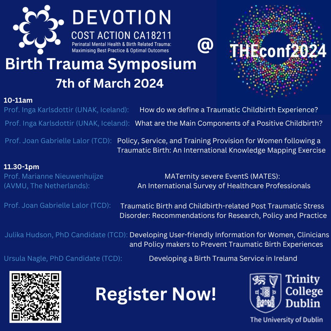 Don’t miss this #birthtrauma #symposium with a fantastic line up of #international speakers! @MidwifeJulika @joanlalor2907 @RotundaHospital @HSE_SPMHS @MastersonJeanne @Mariagibbons55 @CarolynMcCrory_ @AineRichards @ca18211 @INTERSECTstudy @DrSusanAyers @DrAntjeHorsch