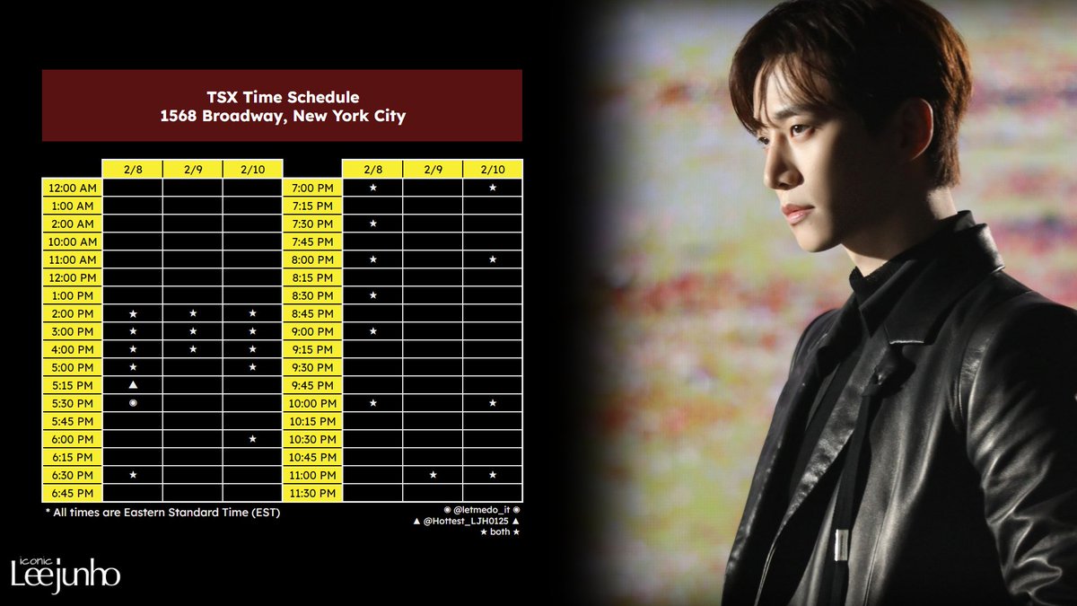 ✨Billboard time schedule is here✨
Videos by <a href="/letmedo_it/">𝗟𝗘𝗧𝗠𝗘𝗗𝗢_𝗜𝗧</a> and <a href="/Hottest_LJH0125/">Hottest_LJH</a> will welcome #LeeJunho to New York. Check them out in person or online!

Live Stream
TSX: share.earthcam.net/tsxbroadway/ne…
Street View: earthcam.com/cams/newyork/t…
#iconicljh #이준호 #LeeJunhoXTommyHilfiger #NYFW24