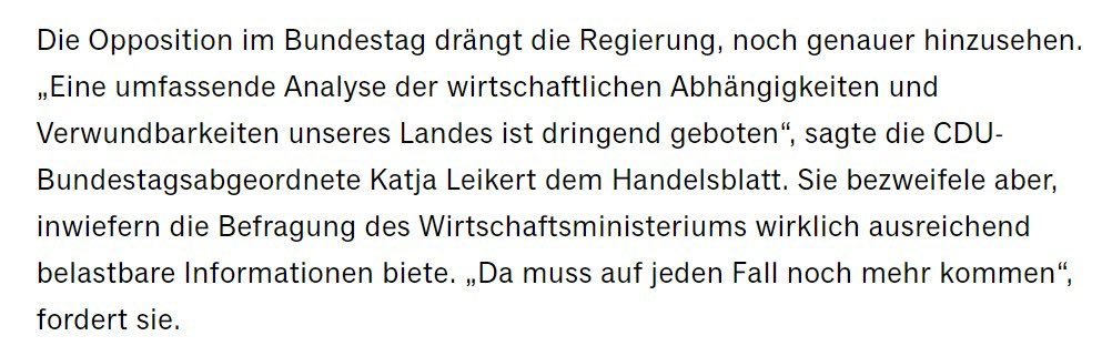 Katja Leikert (@kleikert) on Twitter photo Mit dem <a href="/handelsblatt/">Handelsblatt</a> habe ich mich zu unserer Abhängigkeit von #China ausgetauscht. Klar ist: wenn wir diese effektiv reduzieren wollen, brauchen wir erstmal eine umfassendere Analyse unserer Vulnerabilität. Hier tut die Bundesregierung aber immer noch viel zu wenig. Mit dem <a href="/handelsblatt/">Handelsblatt</a> habe ich mich zu unserer Abhängigkeit von #China ausgetauscht. Klar ist: wenn wir diese effektiv reduzieren wollen, brauchen wir erstmal eine umfassendere Analyse unserer Vulnerabilität. Hier tut die Bundesregierung aber immer noch viel zu wenig.