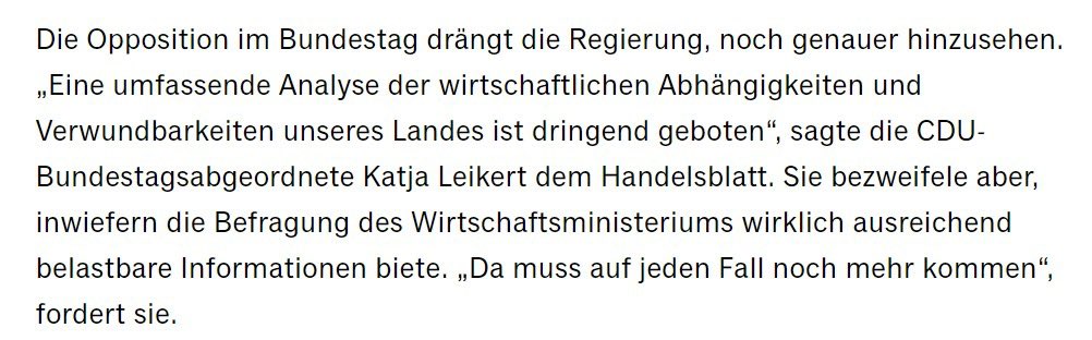 Mit dem @handelsblatt habe ich mich zu unserer Abhängigkeit von #China ausgetauscht. Klar ist: wenn wir diese effektiv reduzieren wollen, brauchen wir erstmal eine umfassendere Analyse unserer Vulnerabilität. Hier tut die Bundesregierung aber immer noch viel zu wenig.