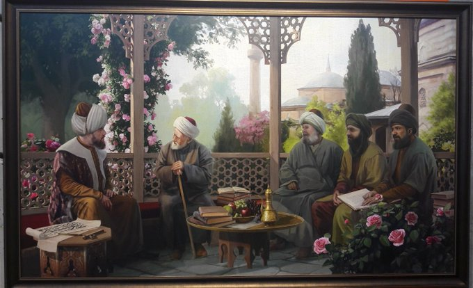 tariharsivi's tweet photo. Muradiye Külliye bahçesinde ulema ile sohbet eden Sultan II.Murat   Sohbetin konusu ne bilmiyoruz ama masadaki detaylar harika   
🖼️ @FetihMuzesi https://t.co/JsP9yZU7Si