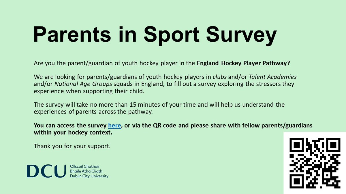 🚨Are you the parent/guardian of a child in the England Hockey Pathway? 🚨 We are conducting a study into the experiences of parents/guardians across the hockey pathway. 15 minute survey here forms.gle/vWmgWXDcSikQs1… Please share!