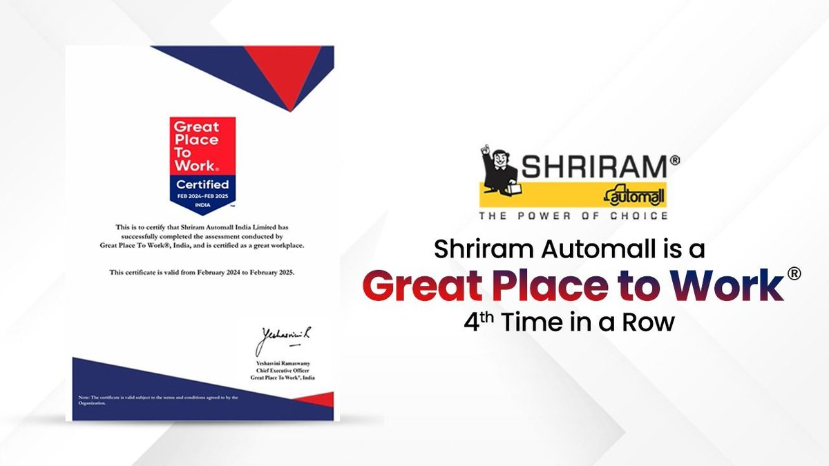 Shriram Automall achieves Great Place to Work Certification for the fourth time in a row! 

Our success story exemplifies the essence of a high trust and high-performance work culture.

Watch the Video: youtube.com/shorts/3v0yCG7…

#GreatPlaceToWork #GPTW #UsedVehicles #UsedEquipment