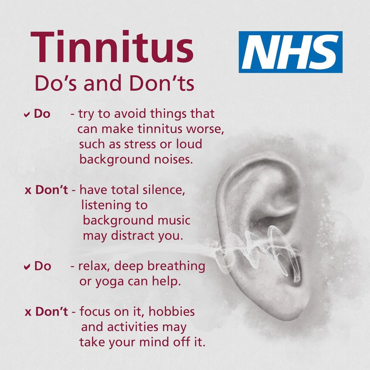 If you have tinnitus, there are things you can try that may help make your symptoms less noticeable.

If your tinnitus is bothering you or getting worse, get in touch with your GP or audiologist. 

#TinnitusWeek #wiganhearing #connectingwigan #WiganBusiness #earwaxremoval #wigan