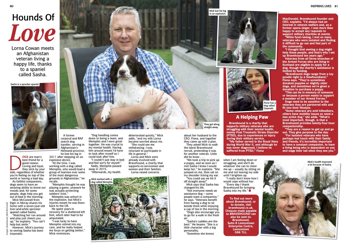 We were delighted that our work was featured in well-loved and world's longest-running women's weekly magazine that is @TheFriendMag.Thank you to veteran Mick McConnell for sharing how his BRAVEHOUND, Sasha, has changed his life. #veterans #dogs #military