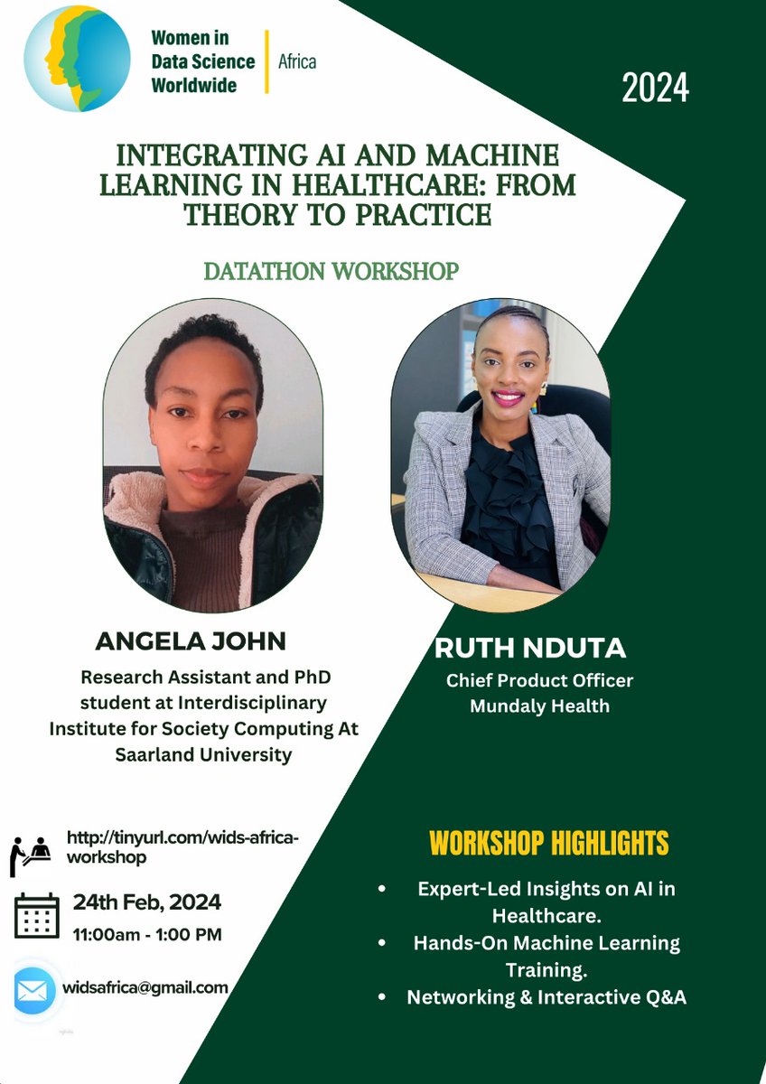 Women in Data Science Africa is excited to announce the 2024 global Datathon Workshop. 

Ruth Nduta and Angela John will be sharing their health care expertise in Machine Learning and Artificial Intelligence.

Let's decode the data📈 

Registration link👇
tinyurl.com/wids-africa-wo…