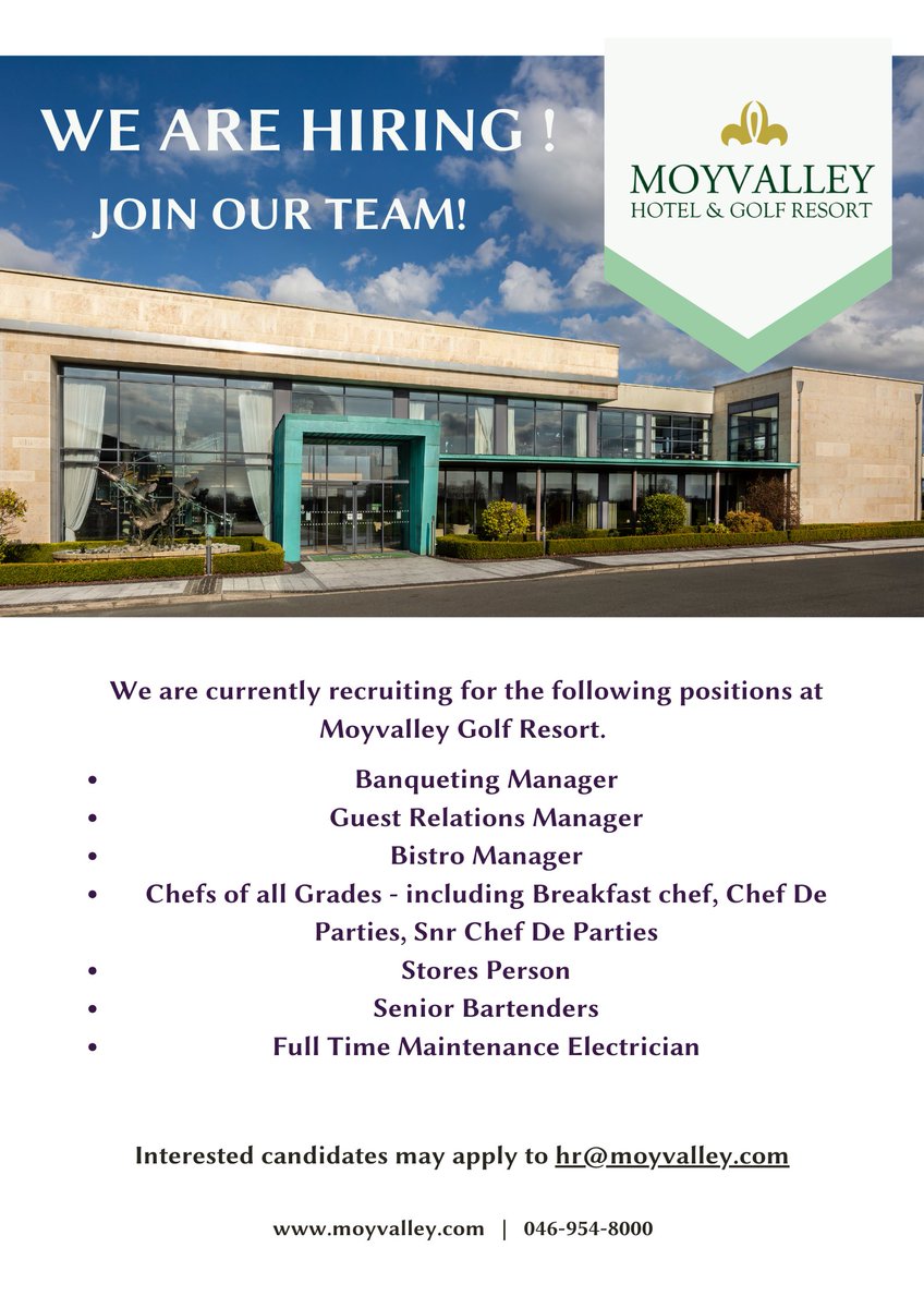 As we grow the team for the upcoming busy season we are delighted to advertise the following roles. Interested candidates may apply with CV to hr@moyvalley.com #moyvalleyhotel #job #vacancy #wearehiring #kildarehotel