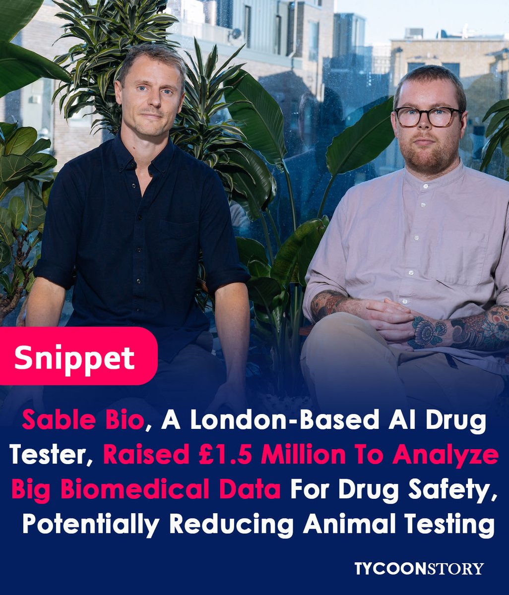 TycoonStoryCo's tweet image. Sable Bio, a London-based AI drug tester, raised ยฃ1.5 million in 2023 to analyze big biomedical data for drug safety, potentially reducing animal testing
#biotechstartup #testingtechnology #biomedicaldata #funding #partnerships  #drugdiscovery #medtech #healthtech #safetytesting