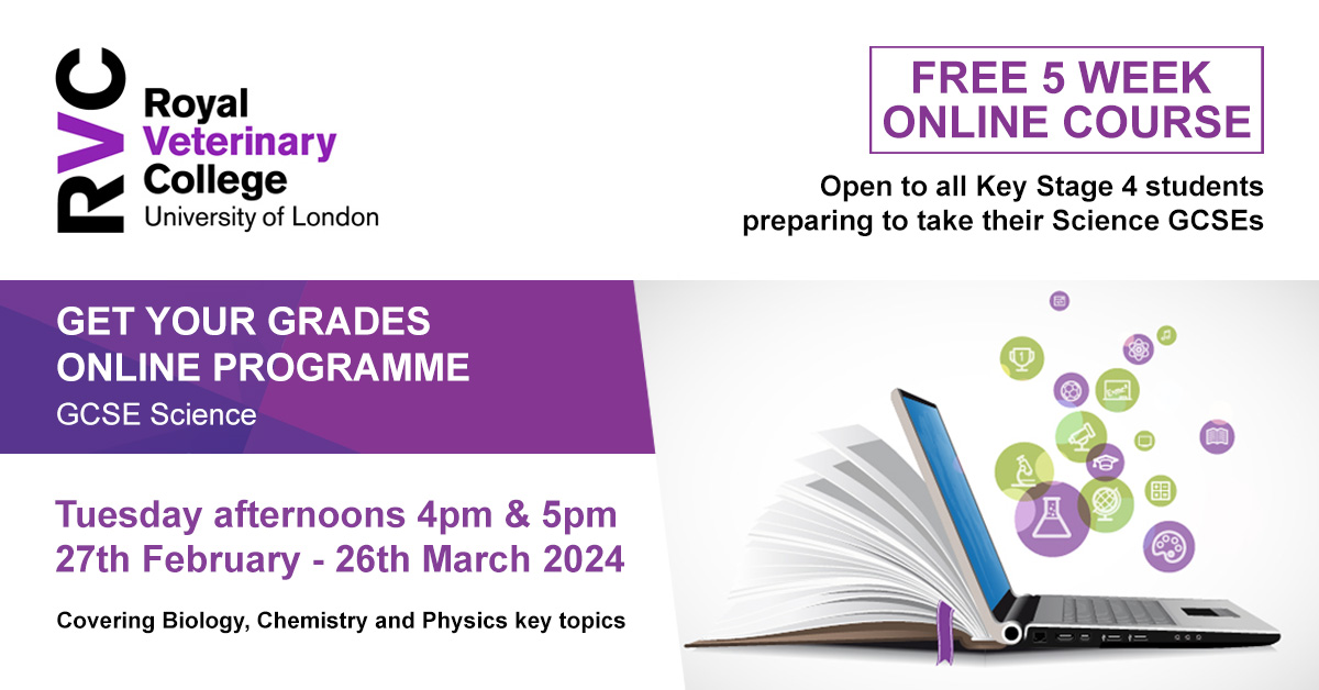 RoyalVetCollege's tweet photo. ‍🔬 Get Your Grades
📅 27th Feb - 26th March
🆓 Tuesdays 4pm - 5pm

Our popular online revision programme is back, this time focused on helping GCSE students improve their science grades

➡️ Find out more and sign up  at: https://t.co/gwflfSecRl https://t.co/RoJaYouN6W