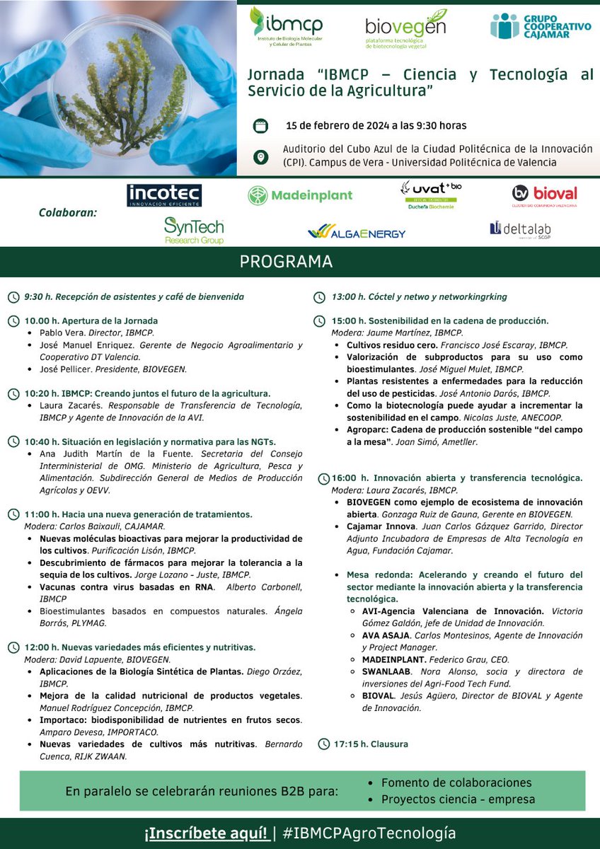 ℹ️🌱Ya podéis disfrutar del completo programa que tendremos el próximo 15 de febrero en el que participarán muchos de nuestros compañeros para poner al Servicio de la Agricultura nuestra labor en #IBMCP. 

Aún puedes inscribirte 👇
i.mtr.cool/ijbmdubjab