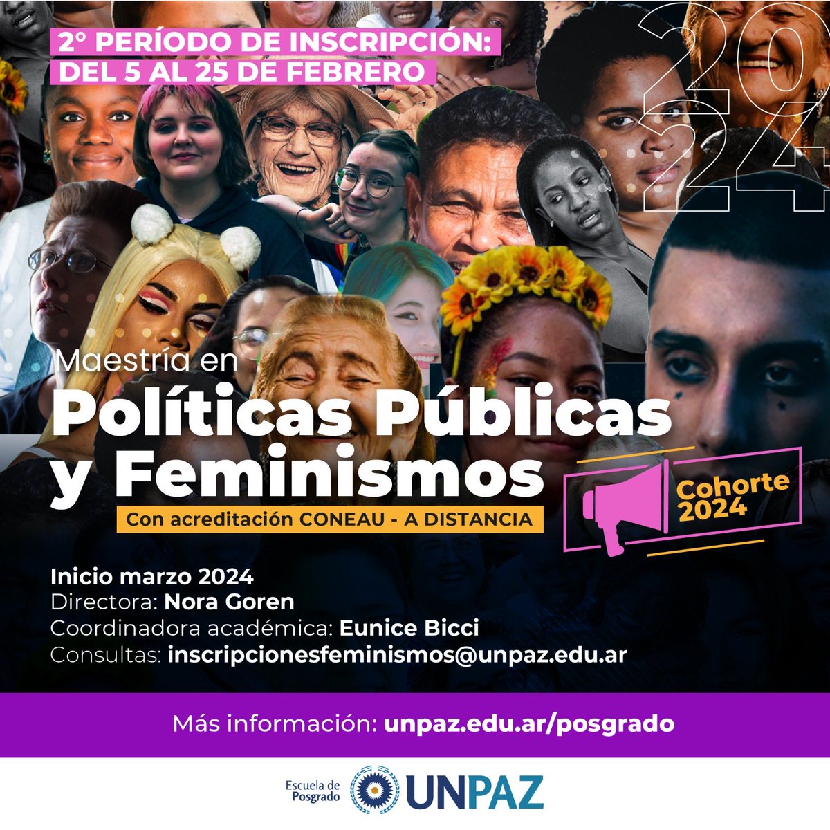 Compartimos que se encuentra abierta la inscripción hasta el 25 de febrero, de la Maestría y Diplomatura en Políticas Públicas y Feminismos. Para iniciar el trámite de inscripciones unpaz.edu.ar/menpoliticaspu…
Consultas de inscripción y aranceles: inscripcionesfeminismos@unpaz.edu.ar