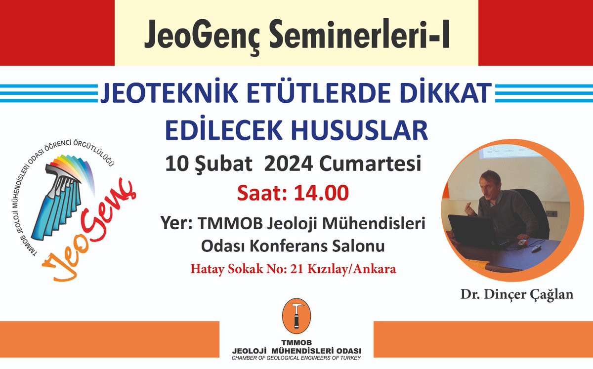 JeoGenç 2024 Yılı Seminerleri Başlıyor! Dr. Dinçer Çağlan tarafından 'Jeoteknik Etütlerde Dikkat Edilecek Hususlar' başlıklı sunum 10 Şubat Cumartesi günü saat 14.00'da JMO Genel Merkezi'nde yapılacaktır. Etkinliğimize hepinizi bekliyoruz. #JeoGenç