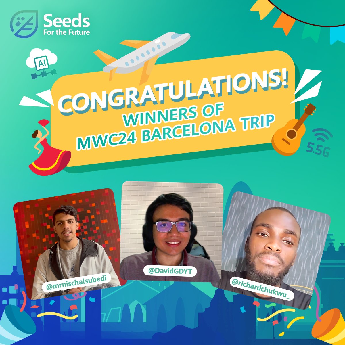 CONGRATULATIONS to the winners of a free trip to #MWC24 in Barcelona! Thank you to everyone who participated in the competition — stay tuned for more amazing #Huawei giveaways! #BetterTogether #SeedsForTheFuture #SeedsTourMWC24