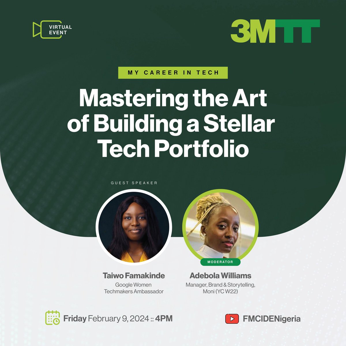 Your tech portfolio is your digital passport to opportunities! Don’t miss the next edition of our webinar where we’ll discuss: Mastering the Art of Building a Stellar Tech Portfolio b.link/MCIT-10 Speakers 🎙️: @taiwo___ @adebolalives See you there! #3MTT