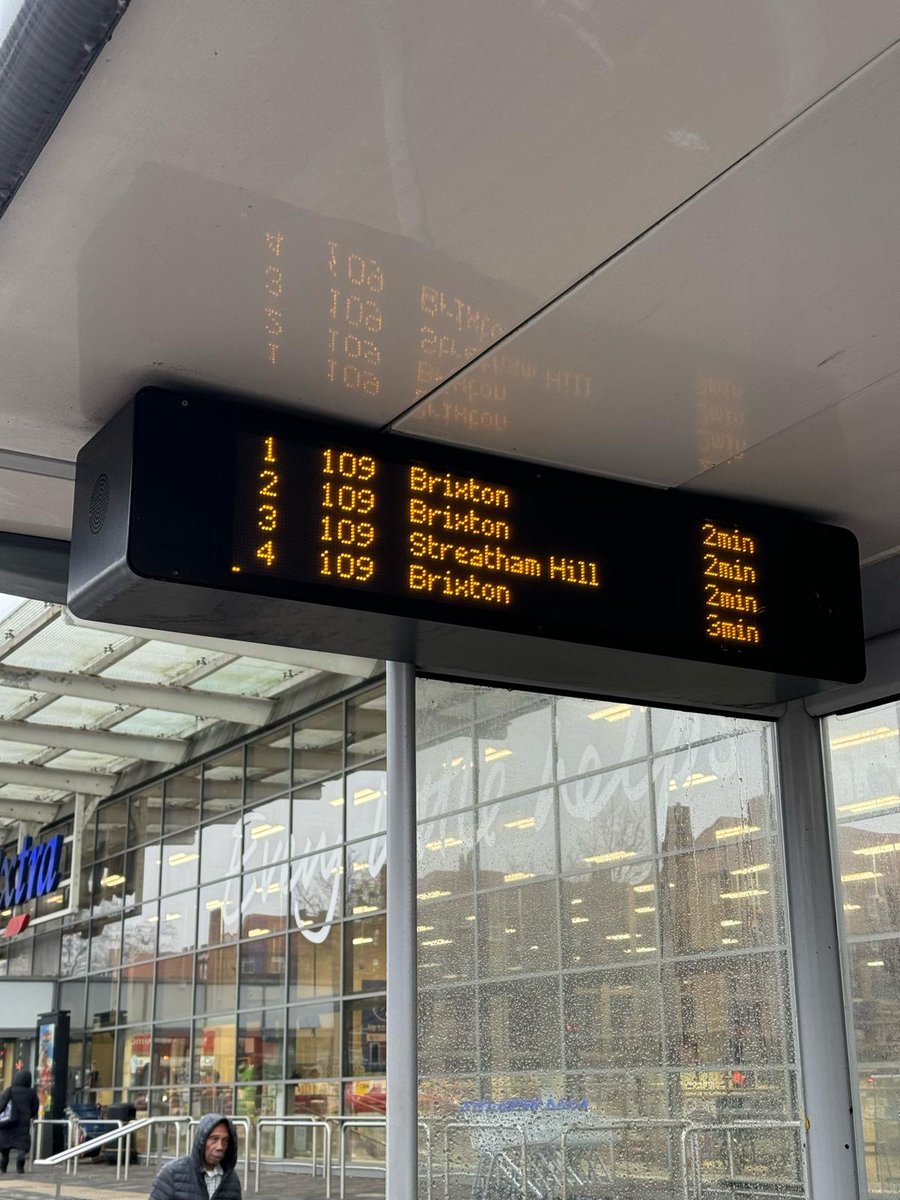 Streatham Wells #LTN-induced traffic insane today. Result - no less than four 109 northbound buses showing on indicator board at the big Tesco, as arriving within 2 minutes of each other. What is @TfL doing about daily disruption to bus services along #Streatham High Road (A23) ?