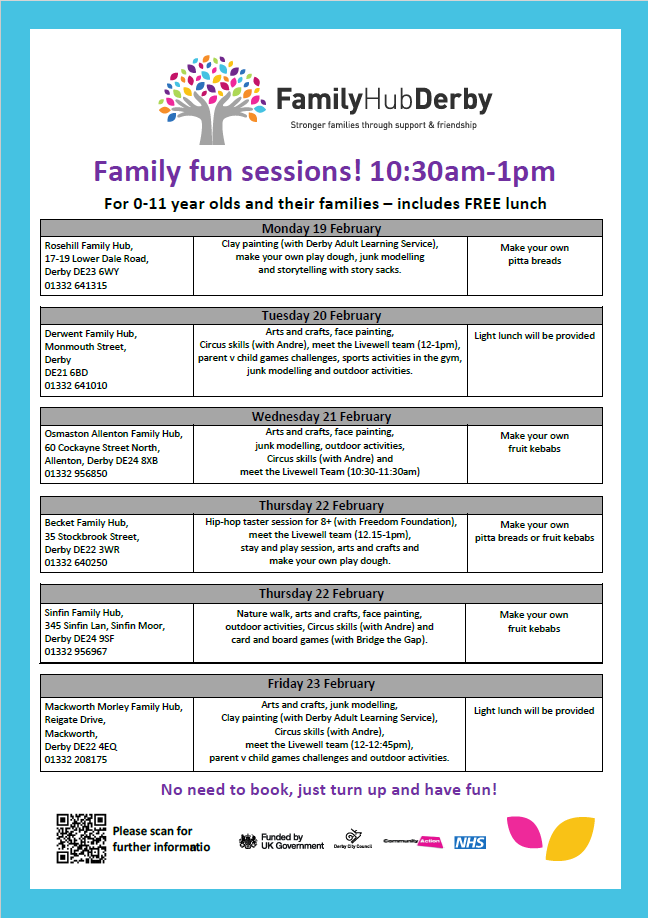 YADerby's tweet image. Half term activities at Family Hubs for 0-11 years! 🤩

#derbycity #youngpeople #activity #sports #crafts #halftermfun #lunchtime