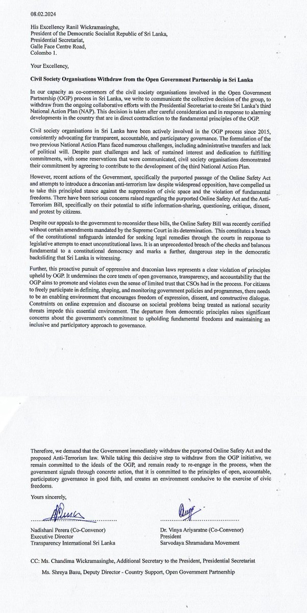tisrilanka's tweet photo. Civil Society Organizations in the Open Government Partnership (#OGP) process in #SriLanka withdraw in protest of the oppressive and undemocratic laws targeting #civicspace 

Read: https://t.co/ZwhpVtxzNE

@sarvodayalanka #NAP #OnlineSafetyAct #CSOs #ATA #FreedomofExpression https://t.co/PXEqhL6Sfk
