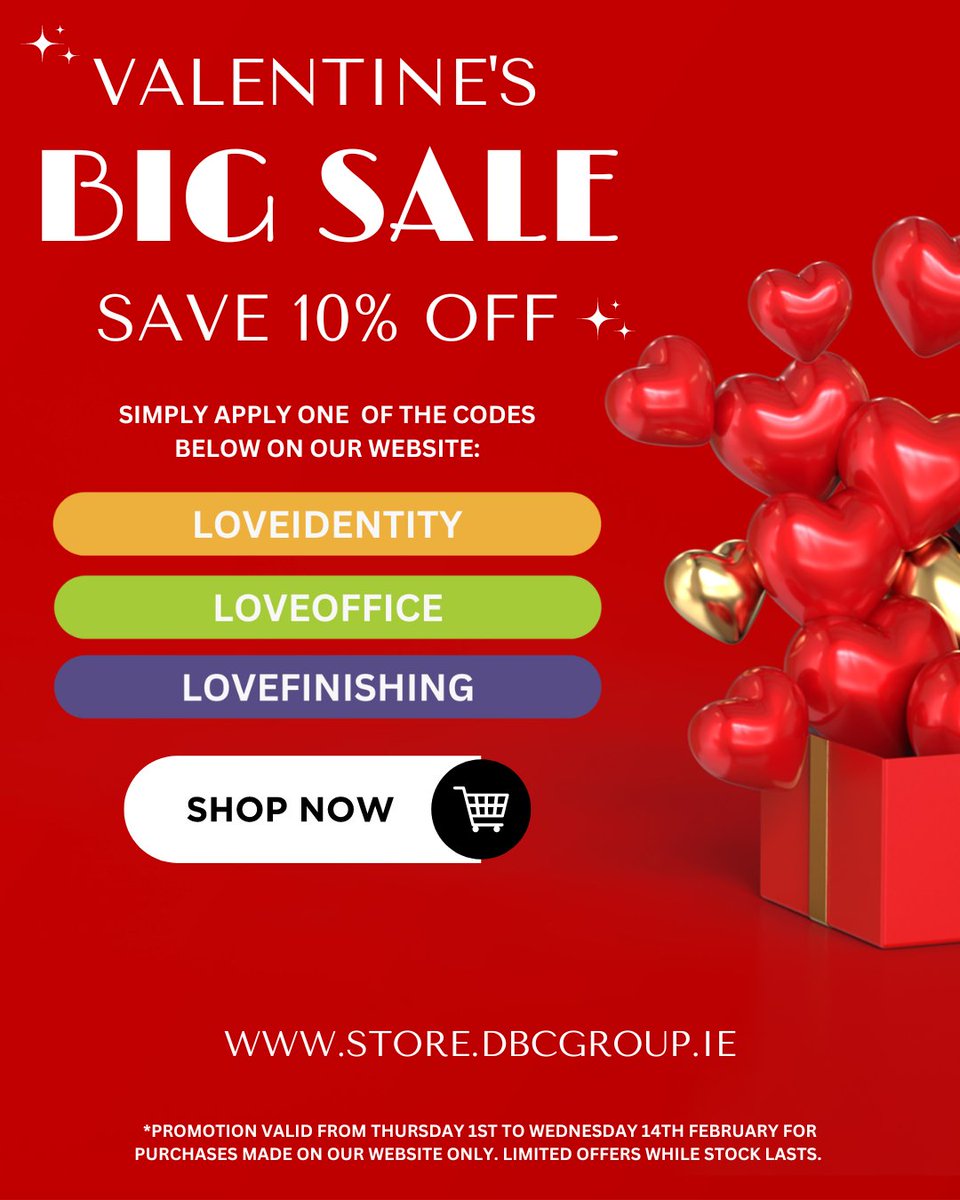 Offer is in the air...
You can still get 10% off until Feb 14th! 😍
Don't miss this chance!
Shop now - store.dbcgroup.ie

#ValentinesWeek #promotion #Sales