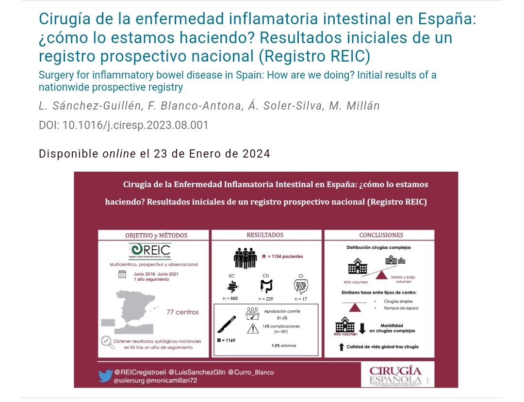 Ya disponible en @cirugiaespanola el documento de consenso de Baiona sobre IF y los resultados iniciales del registro REIC. ¡No dejes de leerlos! @AECP_FAECP @francomarinello @delaportillaMD @LuisSanchezGlln @monicamillan72 @Curro_Blanco @fernandjimenez