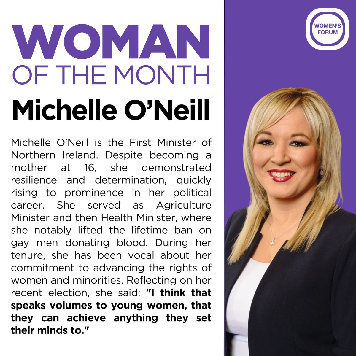 Thrilled to announce our #WomanOfTheMonth: @moneillsf! This Feb, Michelle O'Neill made history as the 1st nationalist First Minister in #NorthernIreland.🇮🇪During her tenure, she has been vocal about her commitment to advancing the rights of women & minorities. Congrats Michelle!